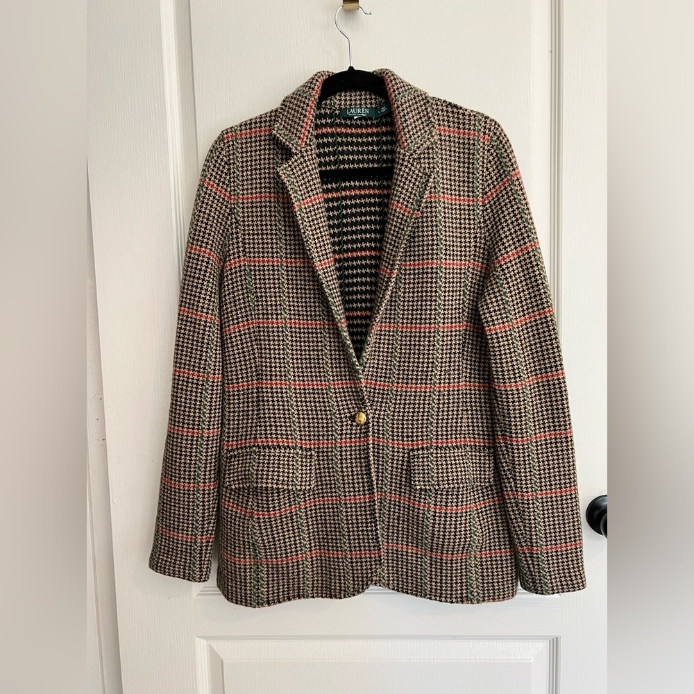 Lauren Ralph Lauren Plaid Houndstooth Blazer Tan Black Size L - Picture 2 of 11